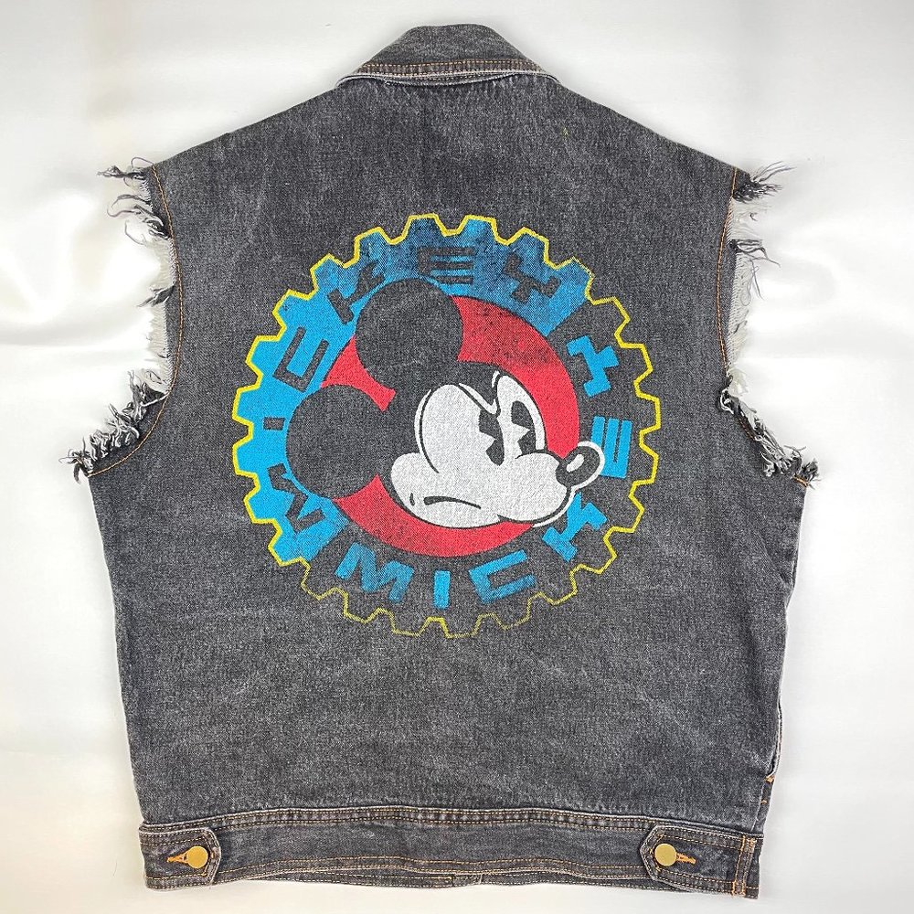 VTG Disney Mickey Mouse Jean Jacket Denim Vest Sz M Punk Rock Double Sided 90s